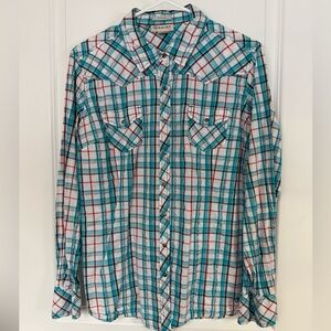 Ariat Women’s Western Snap Shirt Turquoise Plaid Long Sleeve Engraved Snaps